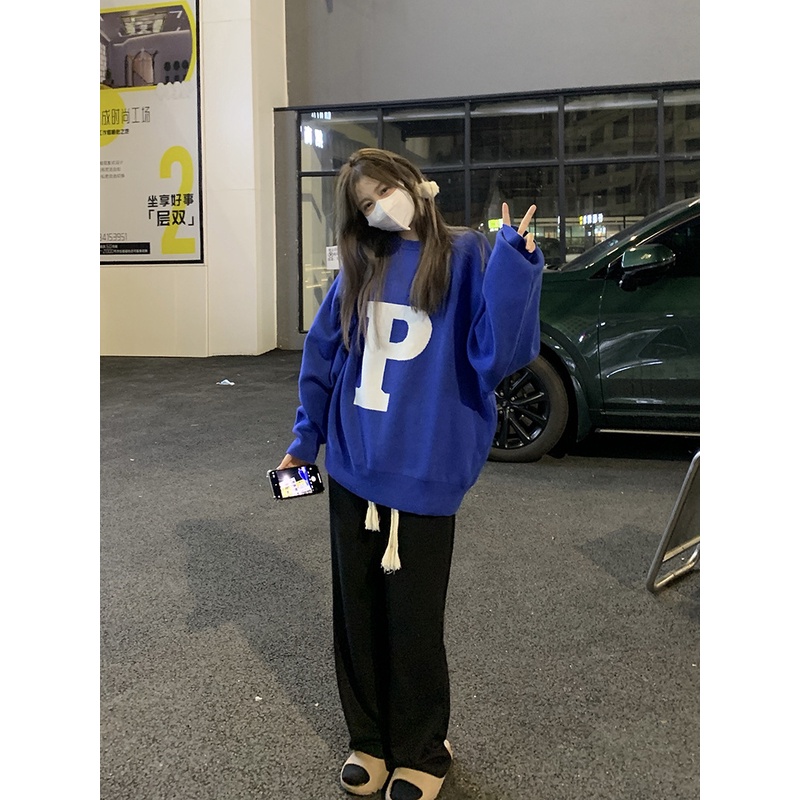 TJM BJ363 Sweater Hoodie Wanita Motif Huruf P Hoodie Style