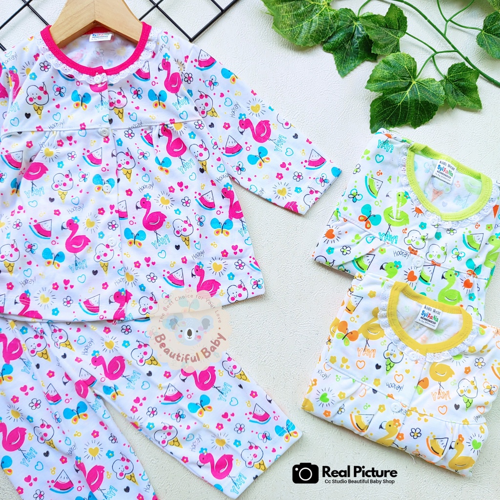 Baby.ou - Setelan Baju Bayi Lengan Panjang Celana Panjang Motif Flamingo Flowers / Setelan Piyama Bayi Perempuan 3-12 Bulan / Baju Bayi Perempuan Syifana