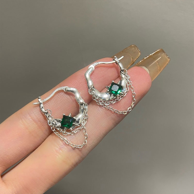 Emerald Zirconia Rantai Rumbai Thai Silver Ear Buckle Earrings Untuk Wanita Gadis Manis Fashion Retro Baru Perhiasan Hadiah Pesta