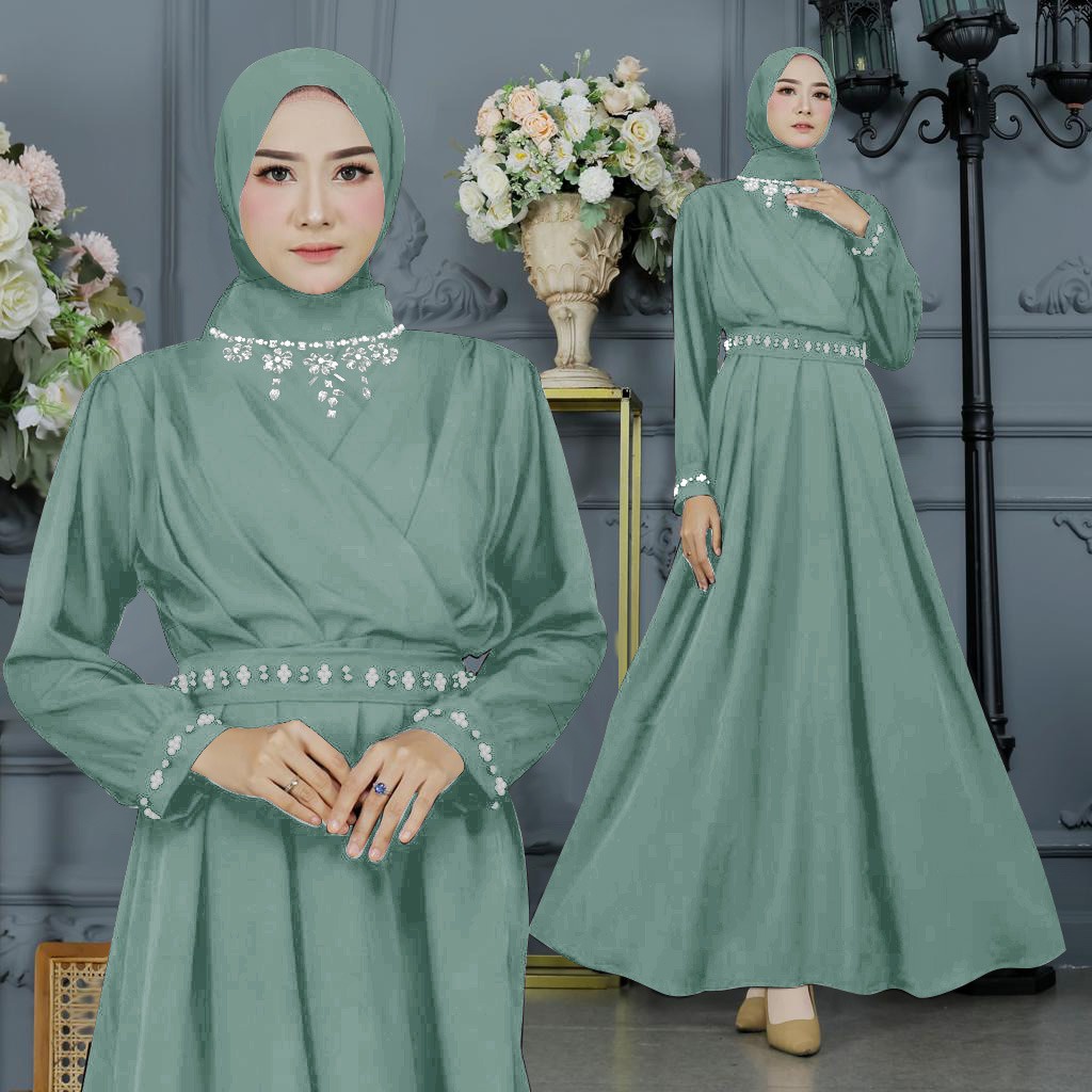 Dress Baju Zaina Gamis Brukat Tile Remaja Dewasa Seragam Pesta Wanita Muslim - Baju Gamis Sage Green