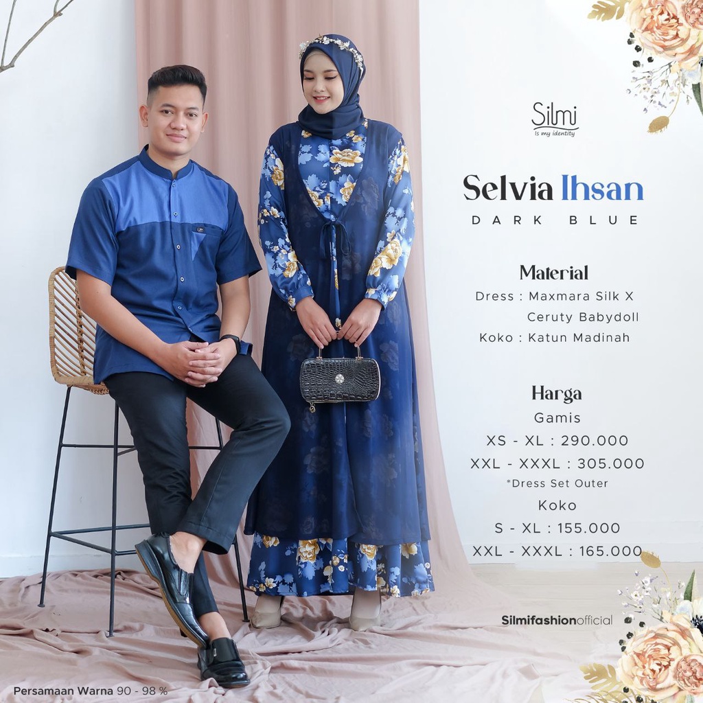 IHSAN - SELVIA DARK BLUE BY SILMI FASHION BAJU BUSANA MUSLIM PRIA DAN WANITA PAKAIAN COUPLE PASANGAN KOKO LENGAN PENDEK BIRU DONGKER ELEKTRIK GAMIS BUSUI FRIENDLY BIRU MOTIF BUNGA POLOS OUTER RAMADHAN LEBARAN KONDANGAN COD BAYAR DI TEMPAT