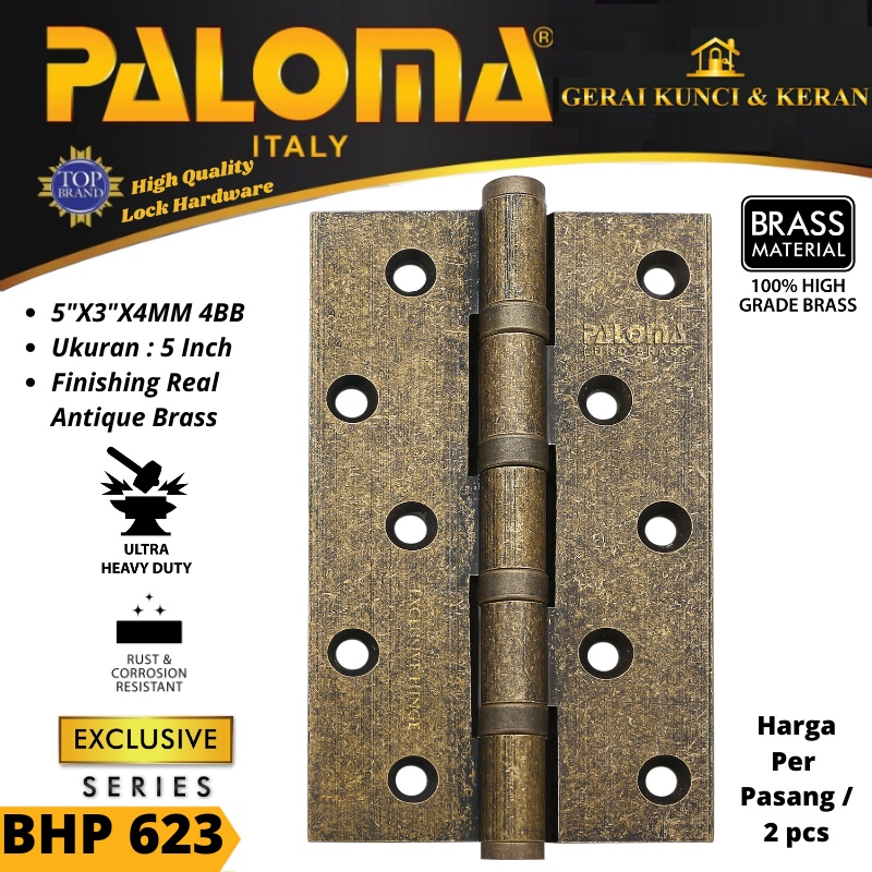 PALOMA BHP 623 BUTT HINGE ENGSEL PINTU BRASS 5&quot;X3&quot;X4MM 4BB RAB ANTIK