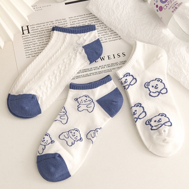 PA Kaos Kaki Wanita Pria Pendek SS211 Kaos Kaki Beruang Unisex Semata Mata Kaki Ankle Motif Bear Kotak-Kotak Garis Biru Socks Korean Model Simple Cute SS211