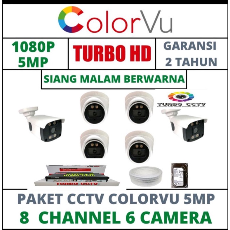 PAKET CCTV COLORVU -SIANG MALAM BERWARNA 8 CHANNEL 6 CAMERA 5MP IC SONY 1080P KOMPLIT TINGGAL PASANG