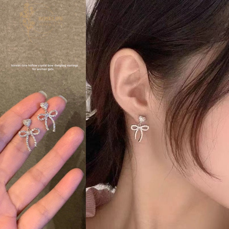 Roselife Korea Perak Bersinar Kristal Busur Menjuntai Anting-Anting Untuk Wanita Gadis Elegan Berongga Ikatan Simpul Stud Anting-Anting Pertunangan Pesta Perhiasan 1pasang