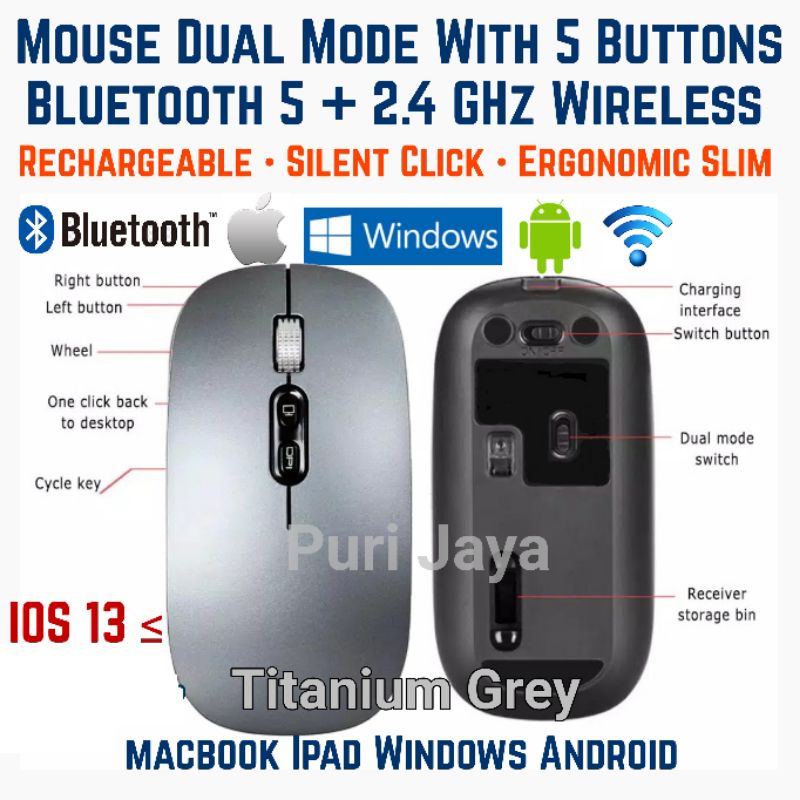 Hybrid Mouse Bluetooth also 2.4GHz Wireless for IPAD MACBOOK WINDOWS SMARTPHONE HP TV iMac Tablet Re