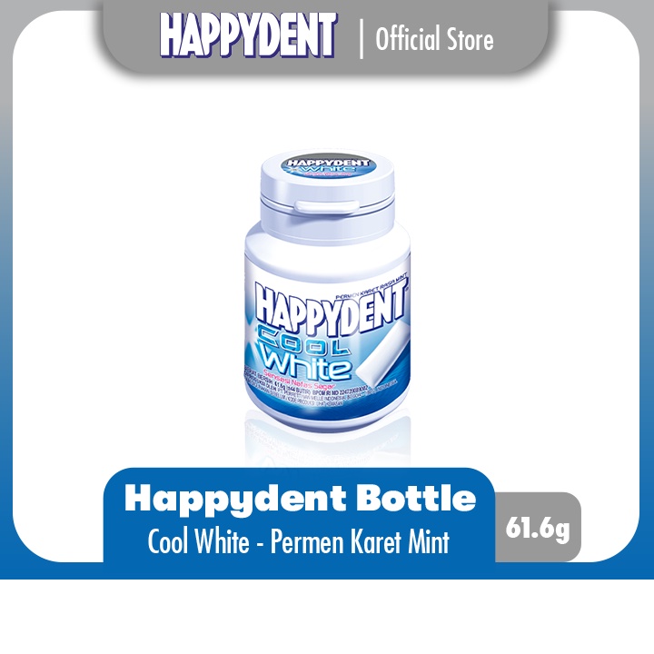 

Happydent Cool White Bottle 61.6g - Permen Karet Rasa Mint (1 Bottles)