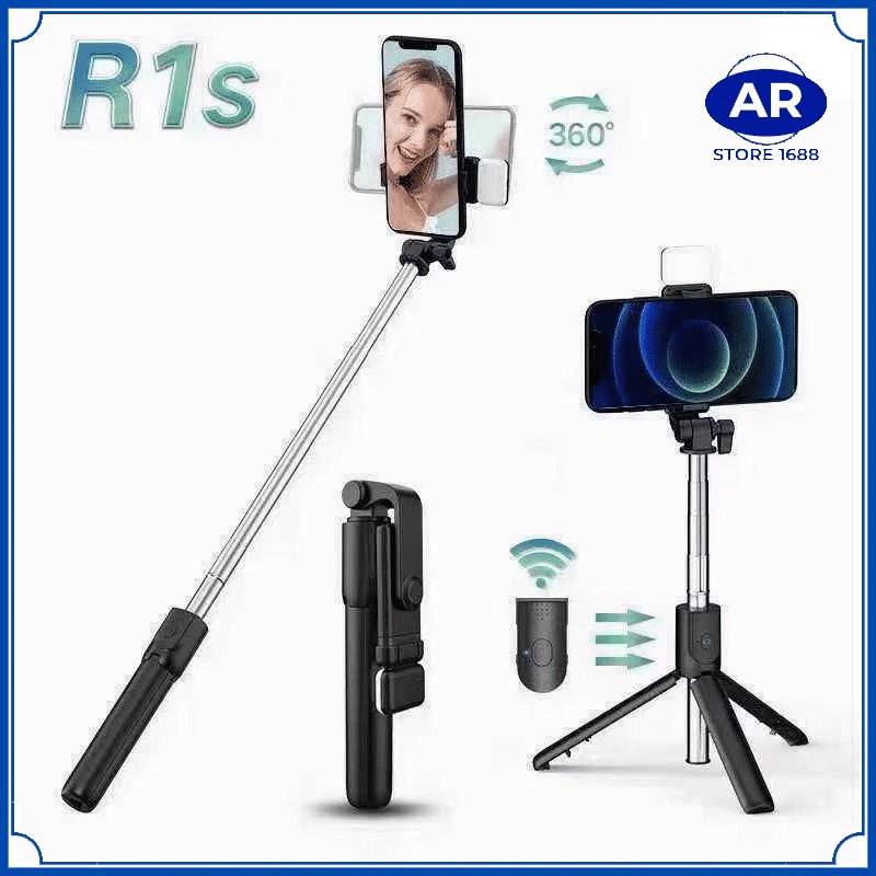 AR Selfie stick R1S tongsis 4in1 plus Remote Control Bluetooth Tripod Plus Lampu Flash