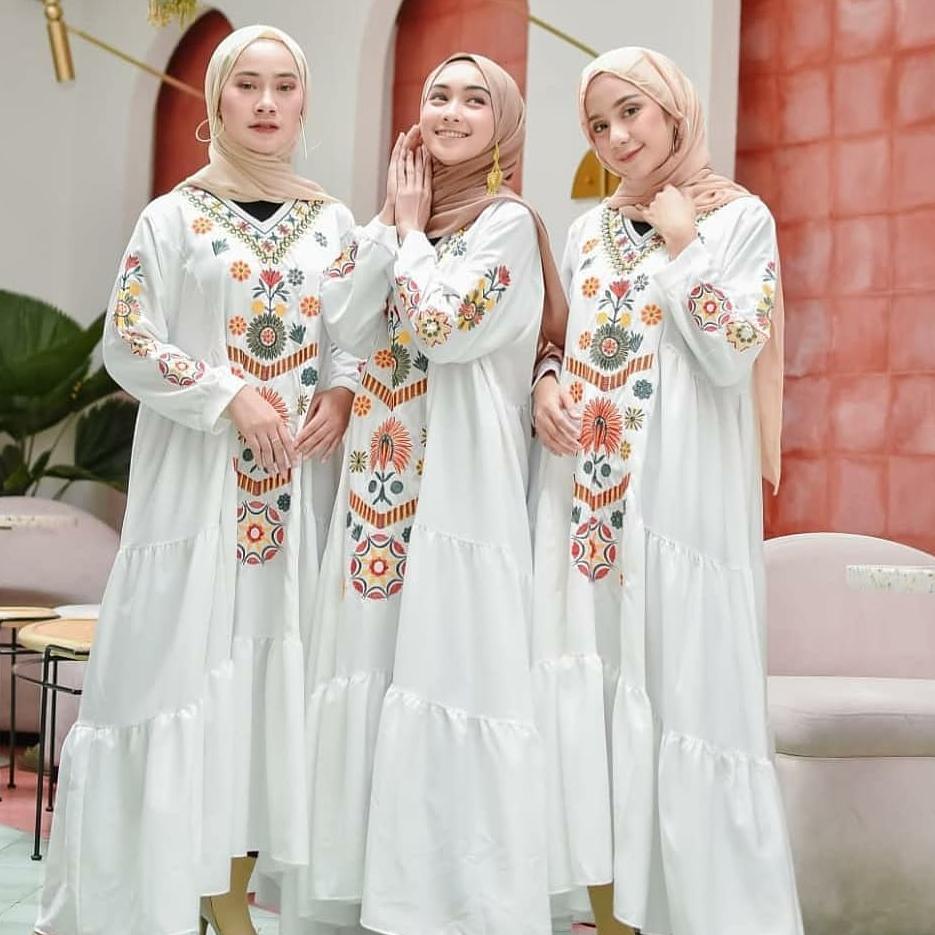 TERPERCAYA Ramadhani Dress Gamis Putih Bordir M-XXXL Jumbo Gamis Bordir Turki Gamis Bordir Bunga gam