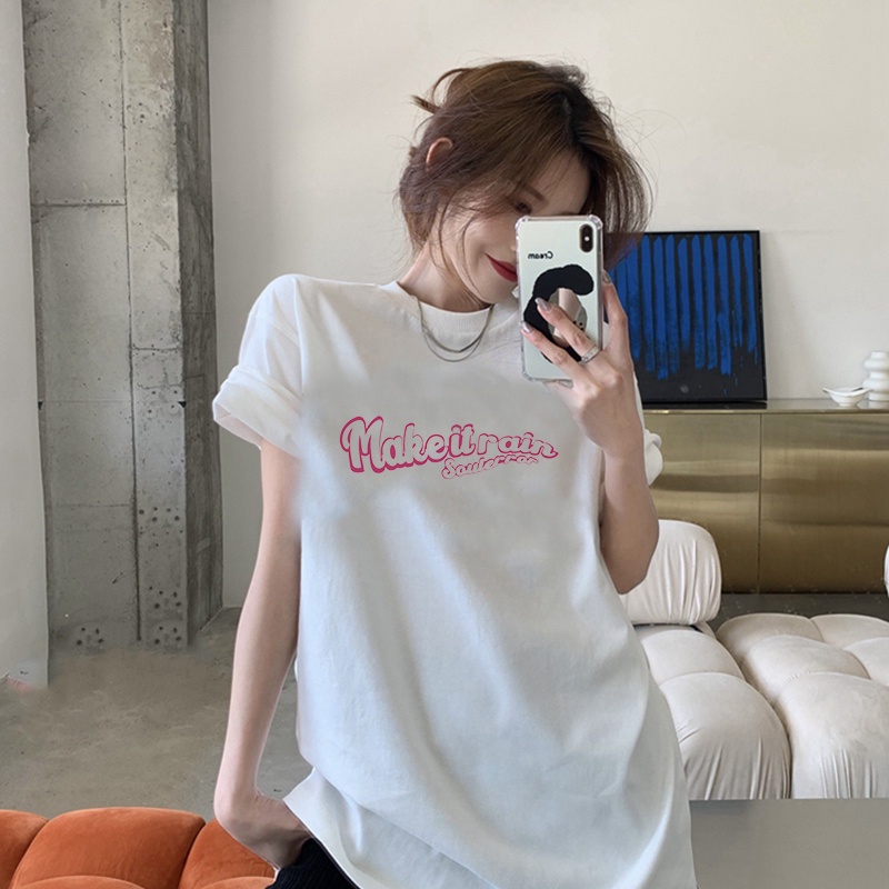 100%  Katun Letter Kaos Lengan Pendek Atasan Wanita Oversize Printed T-shirt Kekinian Korean Style