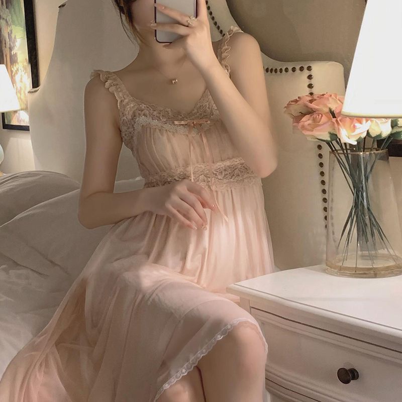 Baju tidur halter renda renda jala romantis merah muda gaun tidur wanita musim panas bagian tipis pe