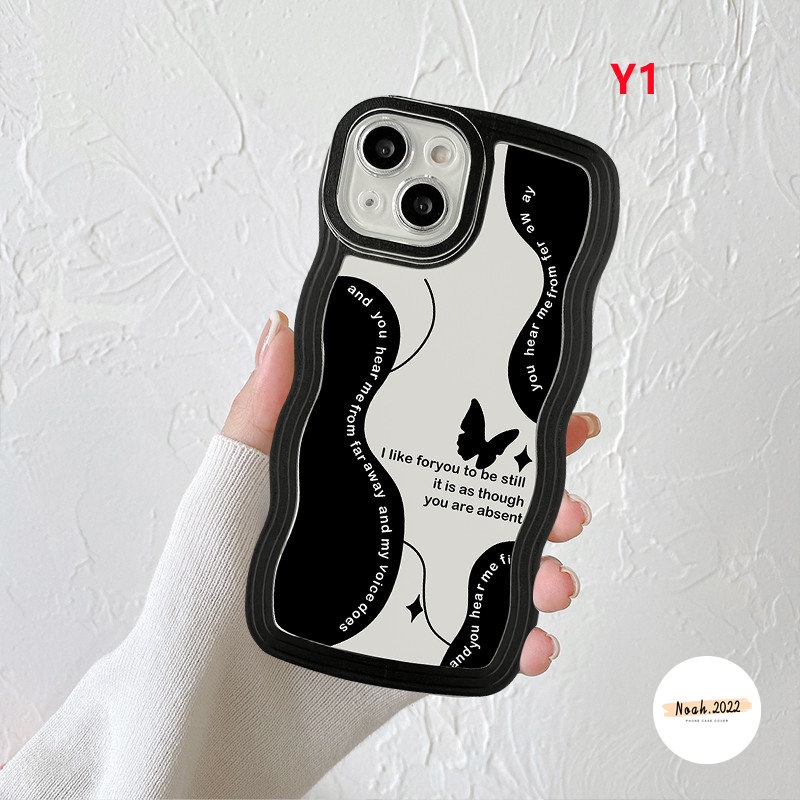 IPHONE Casing Retro Kupu-Kupu Kompatibel Untuk Iphone11 12 13 14 Pro Max7 6s 8 6 Plus XR X XS Max SE 2020 Vintage Shockproof Lembut Tpu Hitam Bunga Bergelombang Pinggiran Penutup Belakang