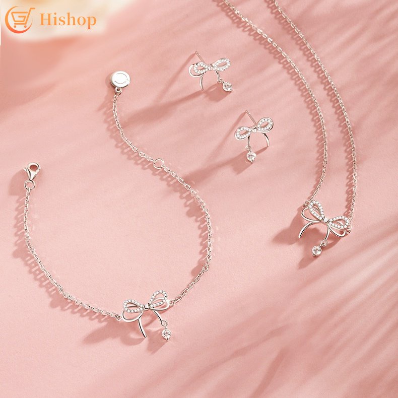 Elegan Busur Kristal Kalung Gelang Anting Perak Liontin Rantai Choker Earring Bracelets Untuk Aksesoris Perhiasan Wanita