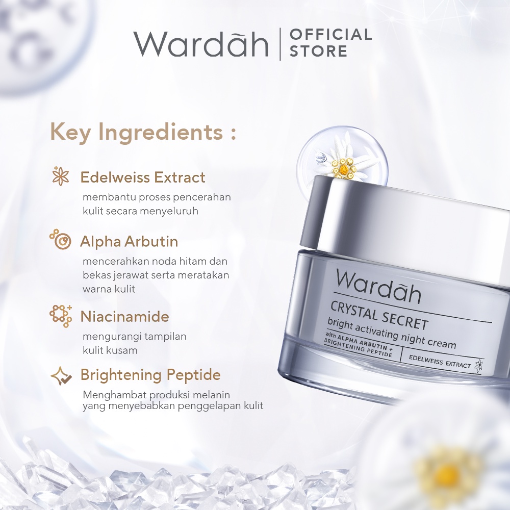 WARDAH Crystal Secret Bright Activating Night Cream Indonesia / Pelembab Wajah 9ml 15ml 30g / With Alpha Arbutin + Brightening Peptide Edelweiss Extract / Moisturizes &amp; Nourishes For Crystal Bright Skin / Skincare Face Care Series / Pagi Malam Day Krim