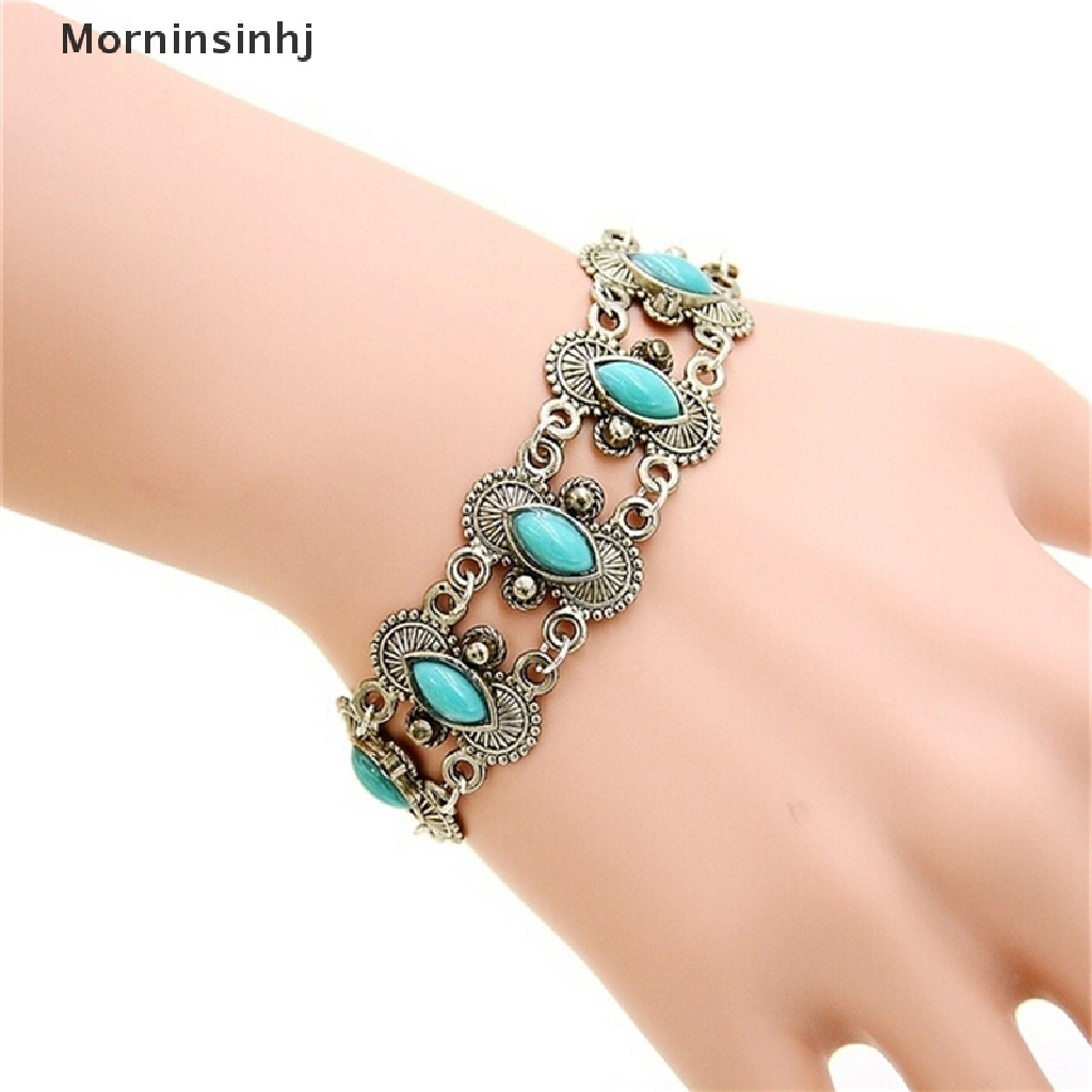 Mornin Sexy Bohemian Fashion Wanita Perak Turquoise Bangle Gelang Pergelangan Tangan Band Perhiasan id