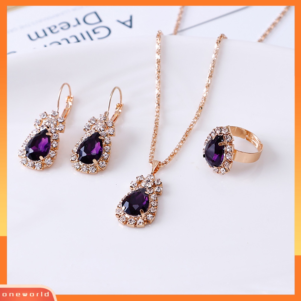 OW@ Jewelry Set Eye-catching Easy Matching Women Waterdrop Shiny Rhinestone Necklace Ring Earrings for Party