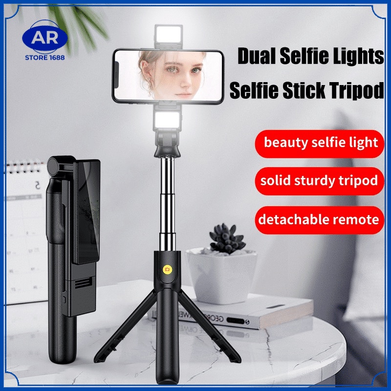 AR Selfie stick R1S tongsis 4in1 plus Remote Control Bluetooth Tripod Plus Lampu Flash