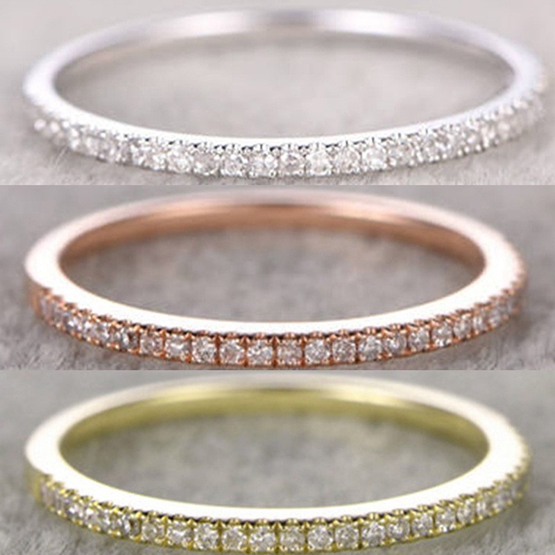 Shiny Simple Fashion Wanita Baris Tunggal Cincin Berlian Emas, Perak Rose Gold Women Ring