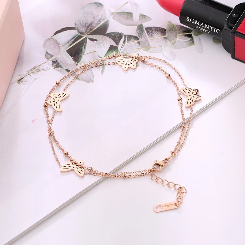 Gelang Kaki Bahan Stainless Steel Lapis Ganda Aksen Kupu-Kupu Warna-Warni Untuk Wanita Butterfly