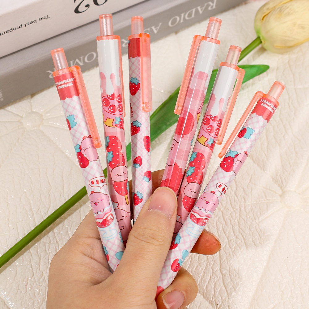 [Grosir] Lucu Kartun Cream Strawberry Pink Dinosaurus Kecil Pena Netral Hitam 0.5mm Tanda Tangan Siswa Pena Alat Tulis Kantor Push-Type Core Menulis Pen Hadiah Hari Anak