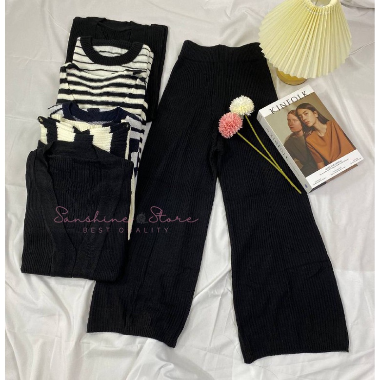 One Set Setelan Wanita Rok Dan Kulot Cardigan Sweater Rajut Warna Hitam