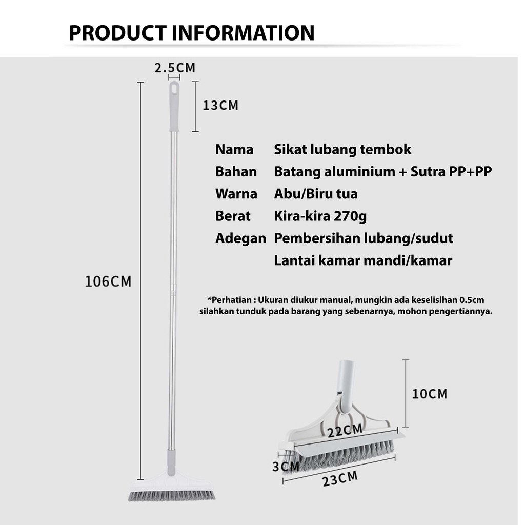 2 in1 Sikat Lantai Wiper Pembersih Lantai Dinding Kamar Mandi Gagang Panjang Portable Sapu Lancip110*23CM