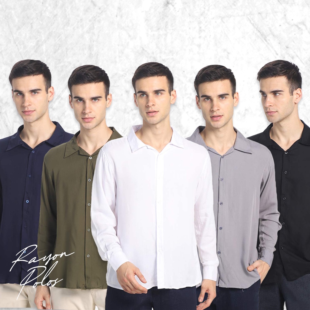 FORTGLASS Long Shirt Rayon Polos Kemeja Pria Polos Lengan Panjang Hitam Putih Navy Abu Khaki Coklat