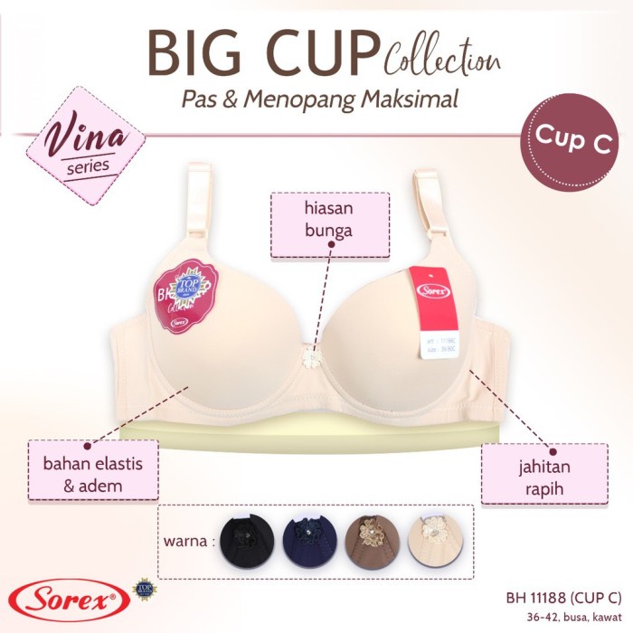 Sorex Bra Wanita - BH 11188 - Busa Tipis Cup C Besar / Kawat Kait 3 - BIG CUP Collection