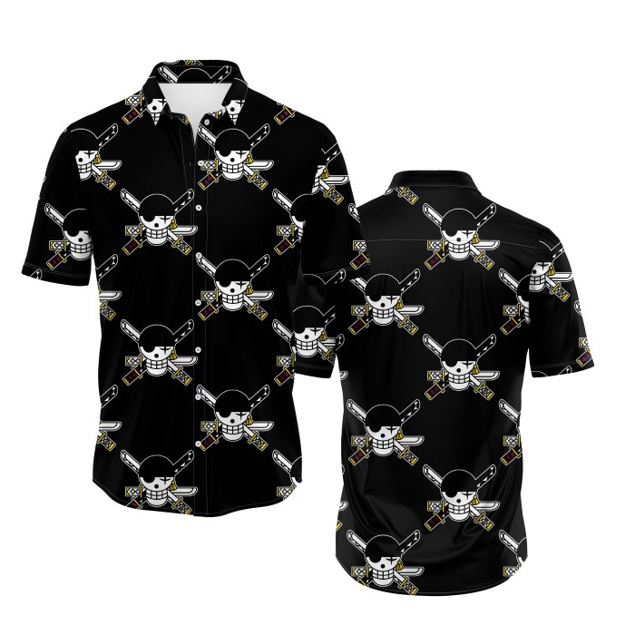 KEMEJA FULLPRINT ANIME ONE PIECE RORONOA ZORO - LOGO ZORO BLACK, XXS