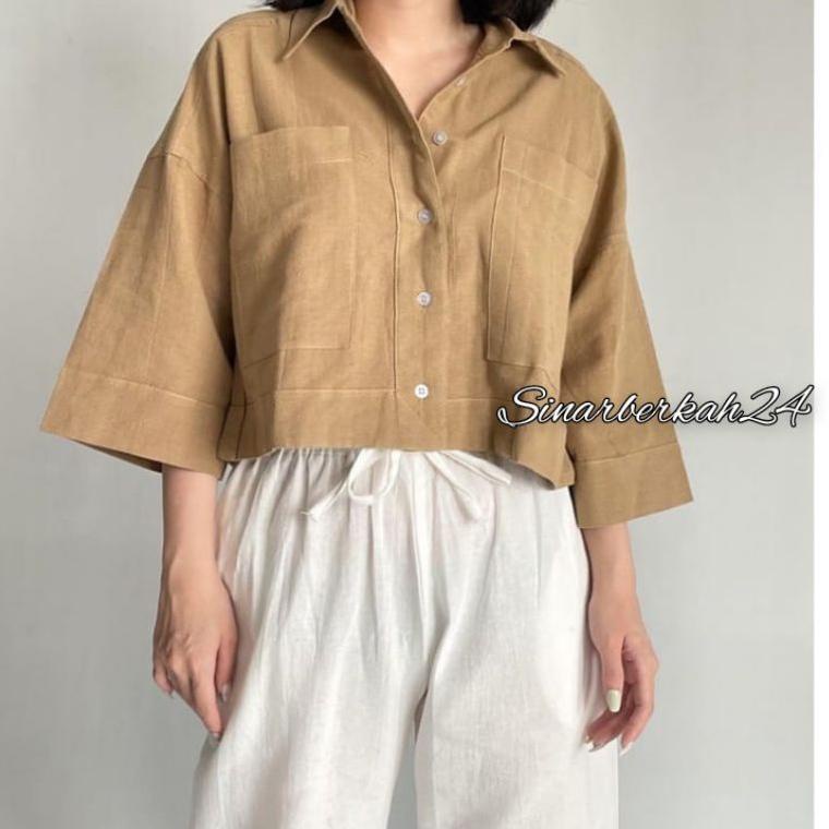 TERBARU Kemeja Crop Linen Pocket / Kemeja Outer Crop Linen / Oversized Shirt Linen / Atasan Wanita /