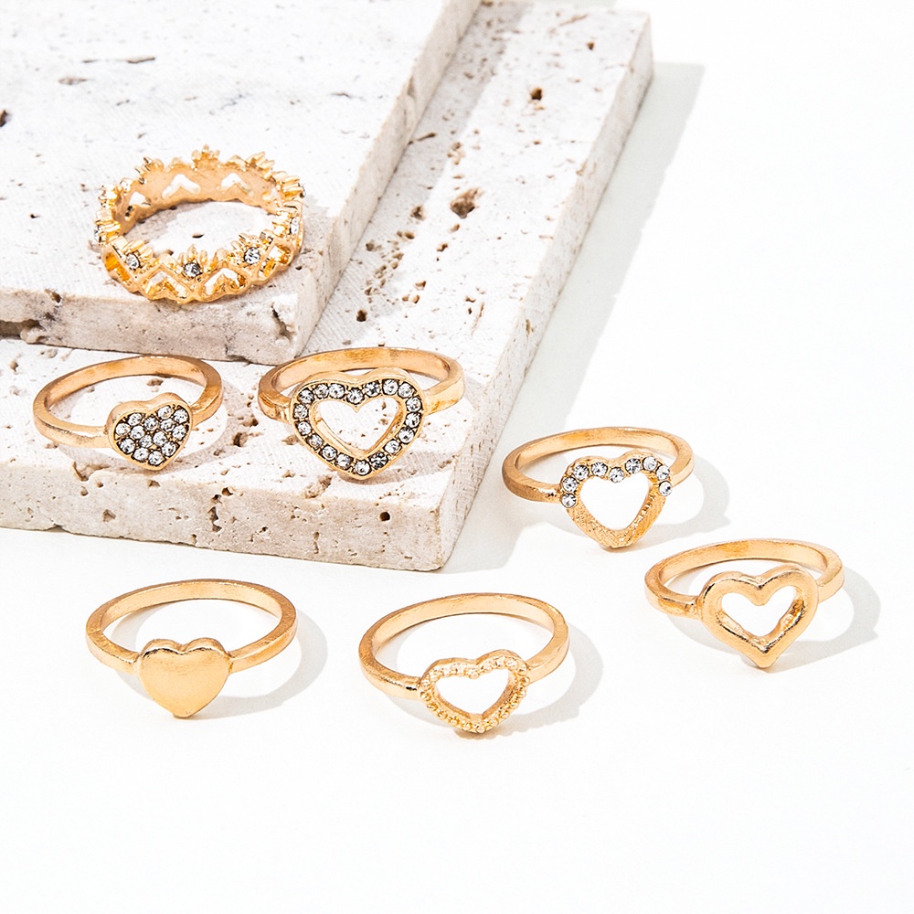 Ins Eropa Dan Amerika Fashion Individualitas Bertatahkan Berlian Cinta Sederhana Lady Girl Style Ring Set