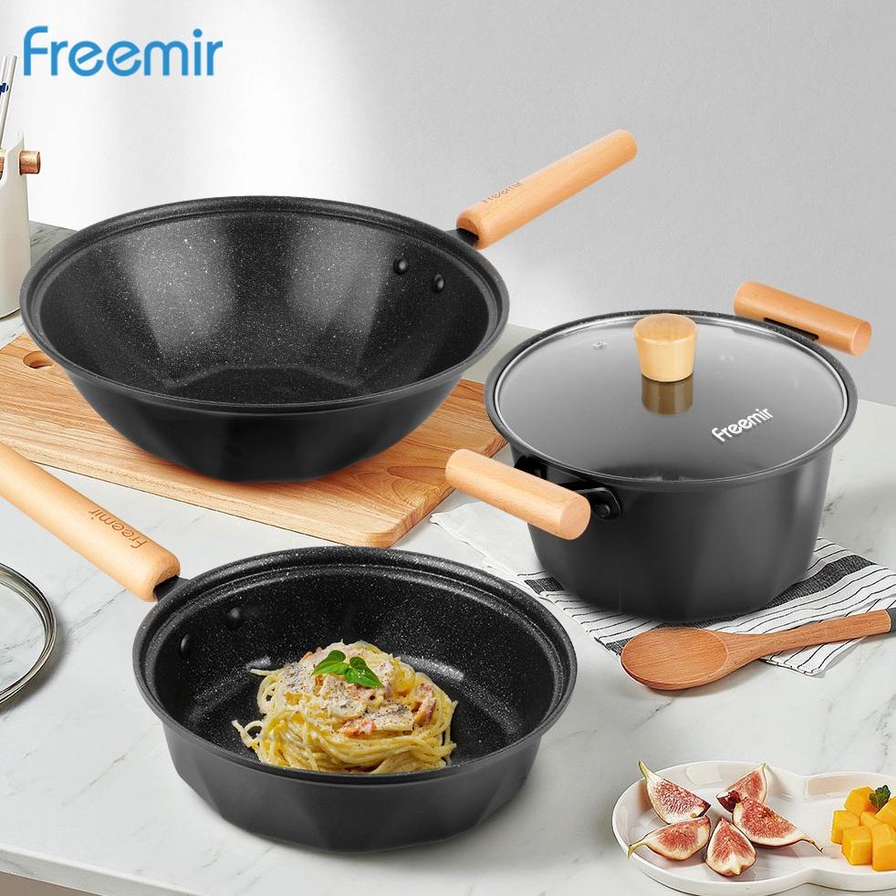 freemir 3 Pcs Set Wajan dan Panci Anti Lengket Lengkap Panci Tutup Kaca Sauce Pan Set