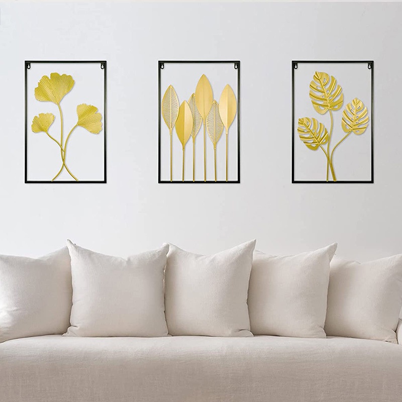 Nordic Hiasan Dinding Frame WallDecor Metal Gold Daun Leaf Ginko Scandinavian/ WALL Decor 60x40cm
