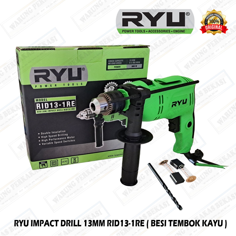 Ryu Impact Drill Mesin Bor Tangan Untuk Besi Kayu Tembok Bolak Balik 13 Mm Free Carbon Brush 1 Set