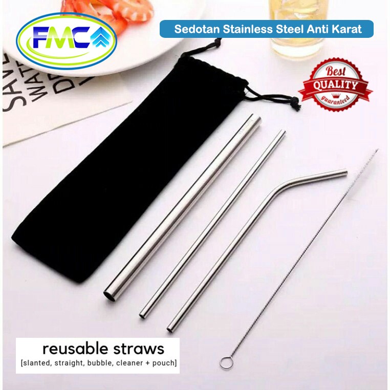 Sedotan Stainless Stell Lurus Bengkok Murah BPA Free Anti Karat Aman Reusable Higienis Sikat Sedotan