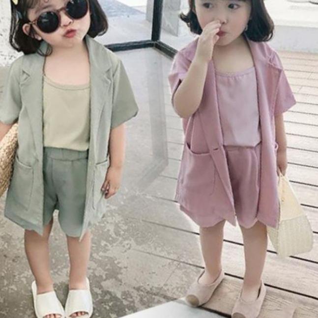 ♪ Setelan blazer tank top celana pendek anak perempuan import / Blazer casual set ❁