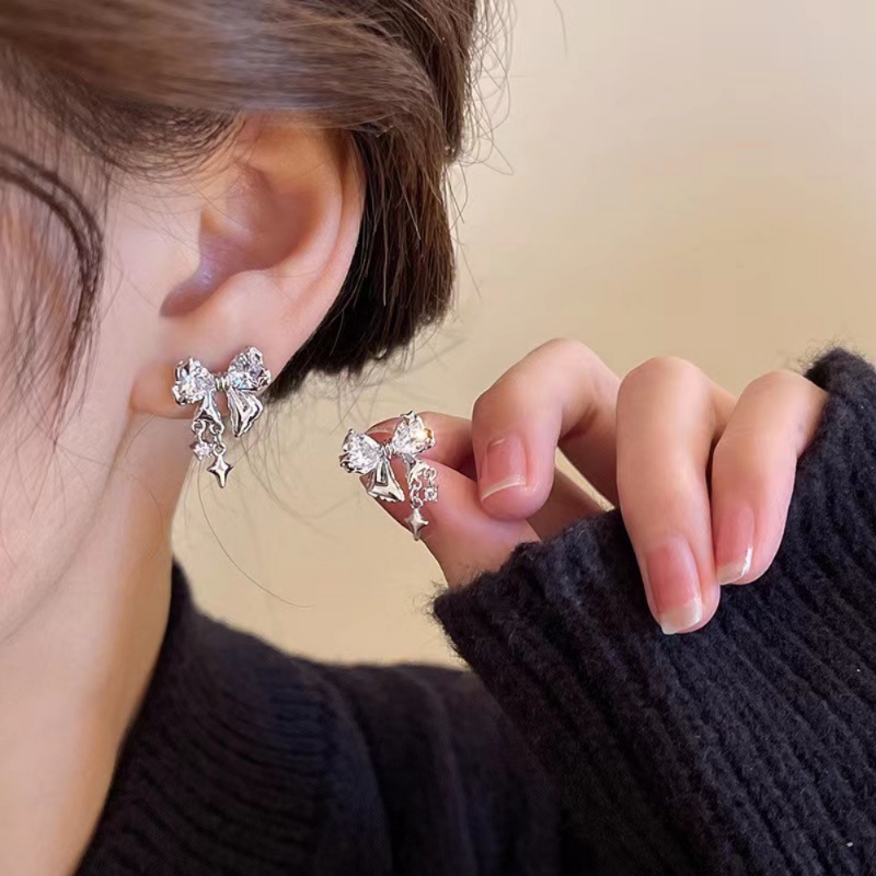 Fashion Cinta Hati Zirkon Busur Anting Perak Pin Stud Earrings Fashion Trendi Earrings