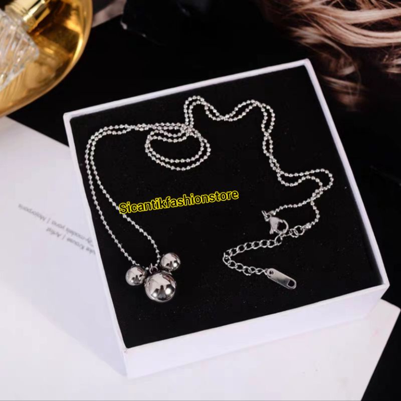 Promo Kalung Titanium Wanita Liontin Mickey Mouse Terbaru Terlaris Anti Karat Selamanya Perhiasan Wanita Korea Kekinian Kalung Biji Lada Silver