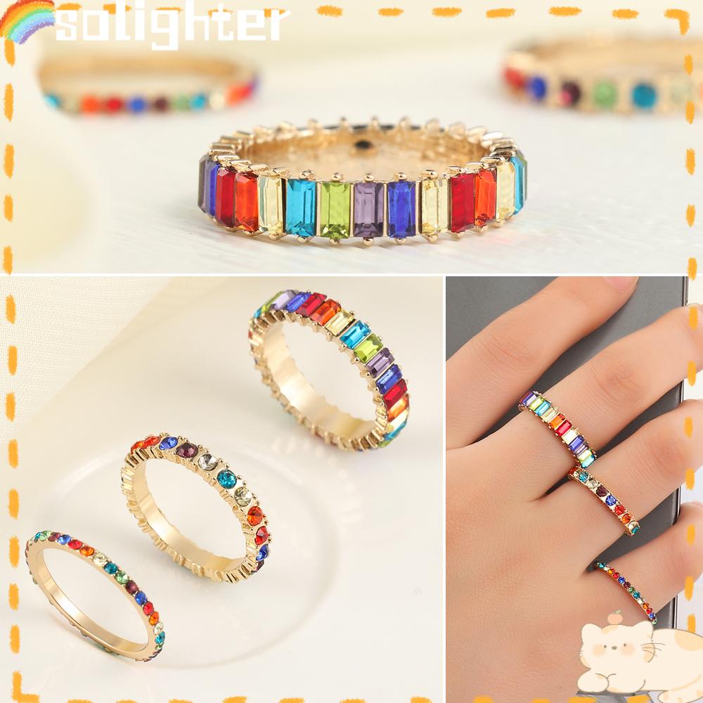 Solighter Cincin Kristal Fashion Pesta Perhiasan Multicolor Hadiah Berlian Imitasi