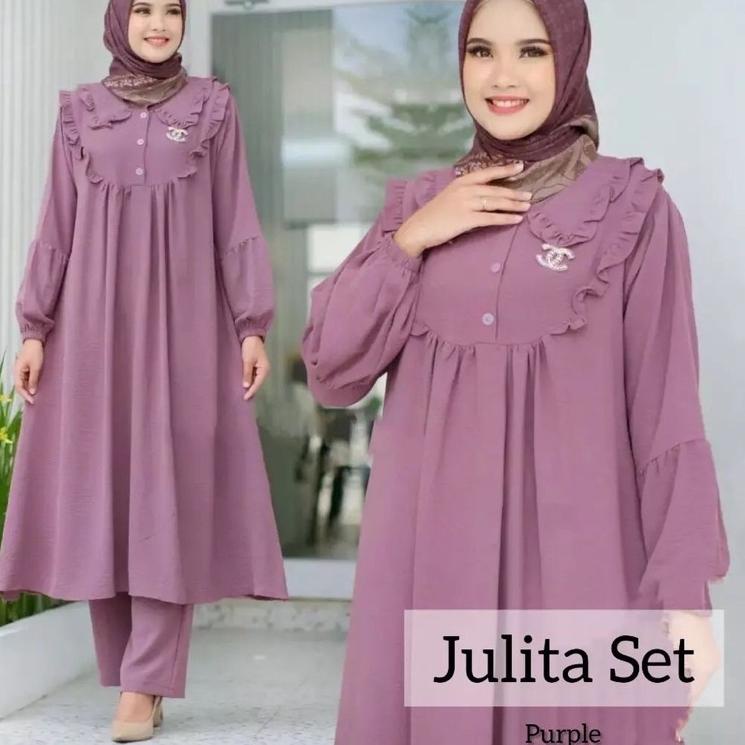 ✿ RAYON crinkle JUMBO julita - One Set Tunik Anggita bahan Rayon premium full kancing adem tali samp