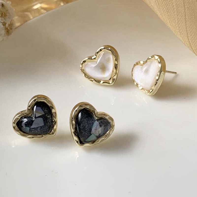 Trendi Vintage Jantung Anting Wanita Klasik Hitam Putih Stud Earrings Perempuan Fashion Anting Perempuan Perhiasan Hadiah 1pasang
