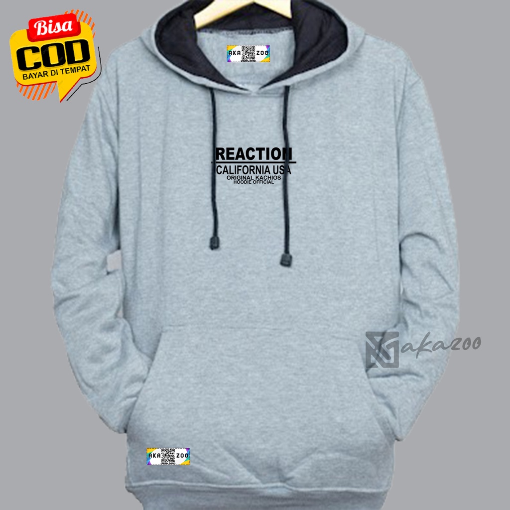 hoodie pria distro Sablon Reaction Warna Abu Muda hoodie premium terbaru ziper hoodie oversize hoodie murah xxl akazoo.id