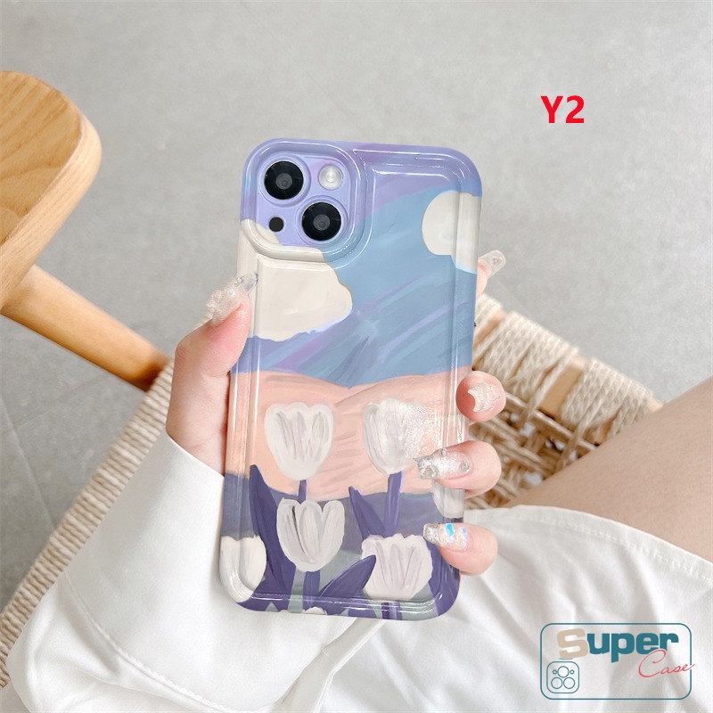 Untuk Oppo A16 A9 A5 A17 A57 A15 A74 A55 A76 A17K A16s A5s A3s A95 A7 A12 A54 A16K A1K A77s Reno5 4F A77 A53 A16E A36 A31 A52 A15s Art Bunga Lukisan Minyak Tulip Airbag Soft Case