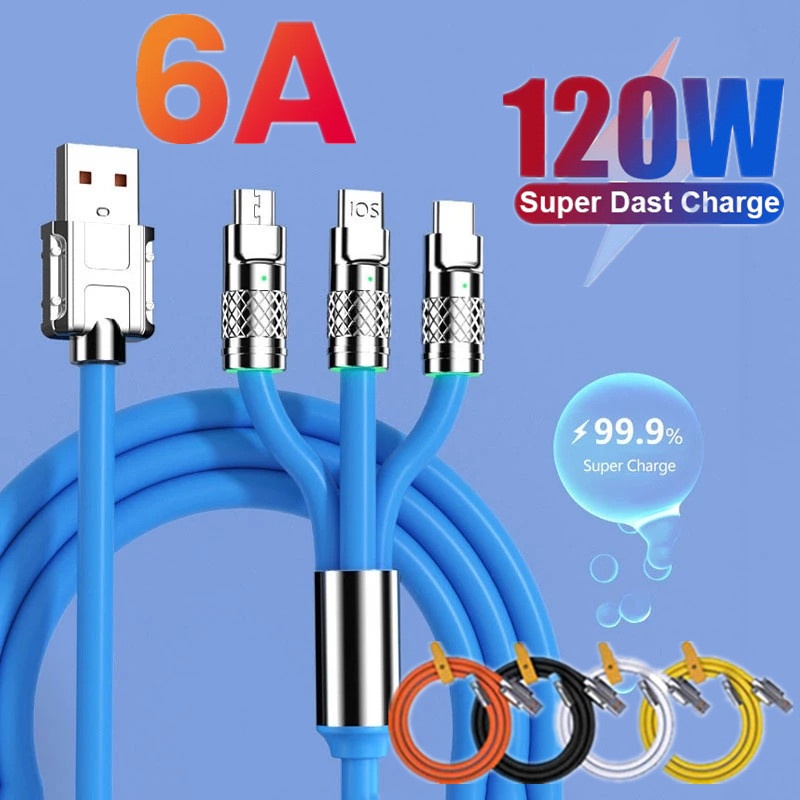 3in1 120W 6A Kabel USB Silikon Cair Charge Super Cepat PD Tipe-C Kabel Charger Mikro Untuk iPhone