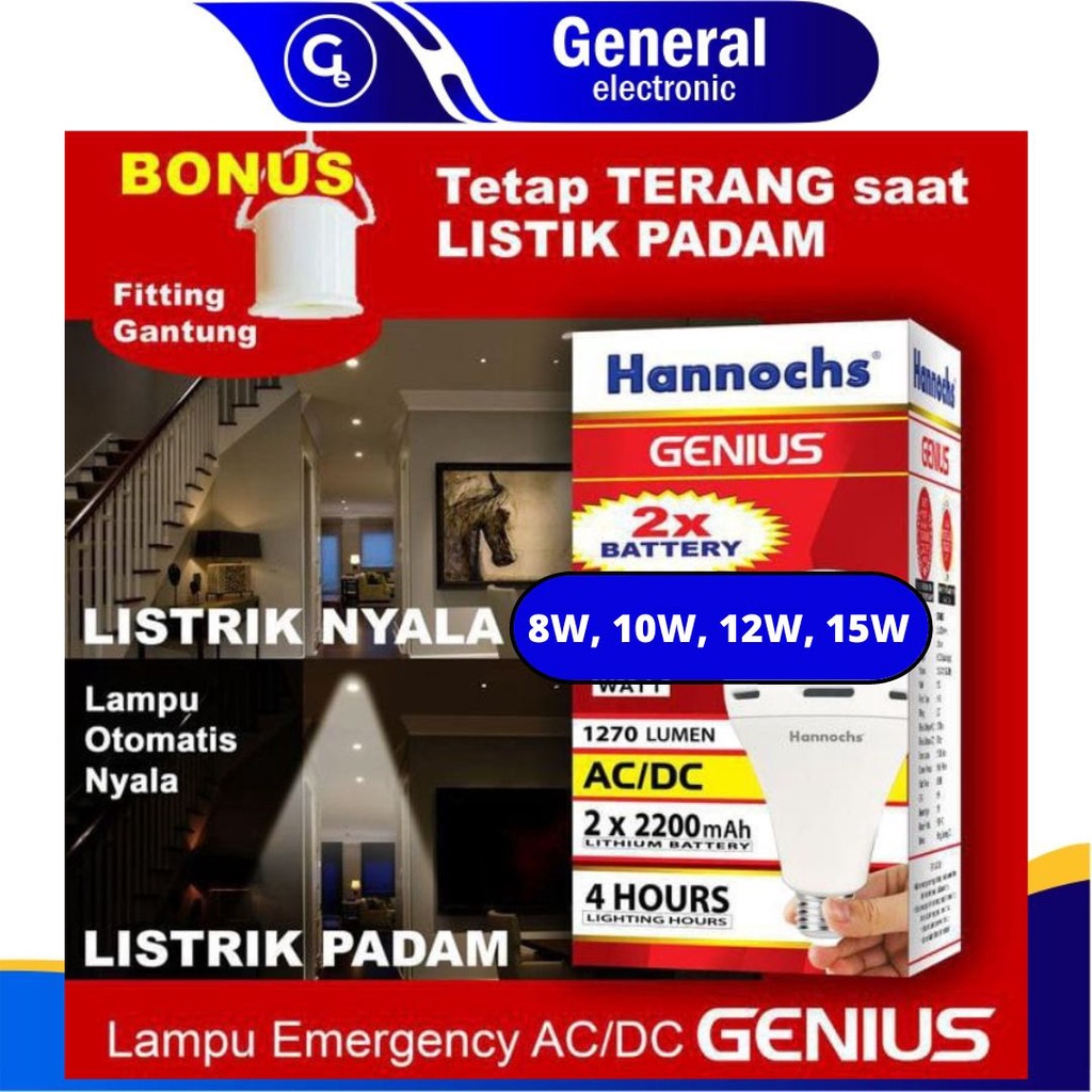 Hannochs Genius Lampu Emergency LED 8W / 10W / 12W / 15W Cahaya Putih