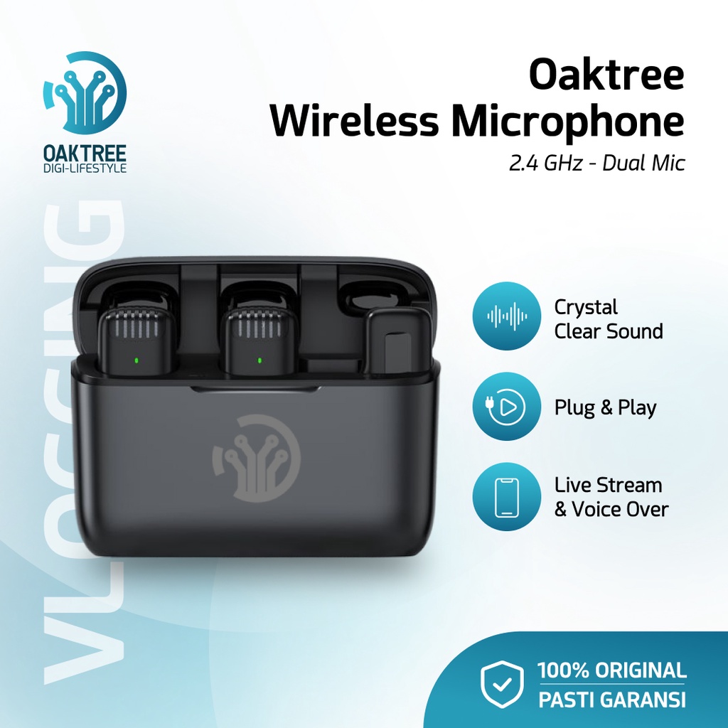 Oaktree Dual Mic Wireless HP Vlog Youtuber Portable Microphone Mic Clip On Wireless USB With Charging Case PC Laptop Zoom Webinar Podcast Teleconference Meeting