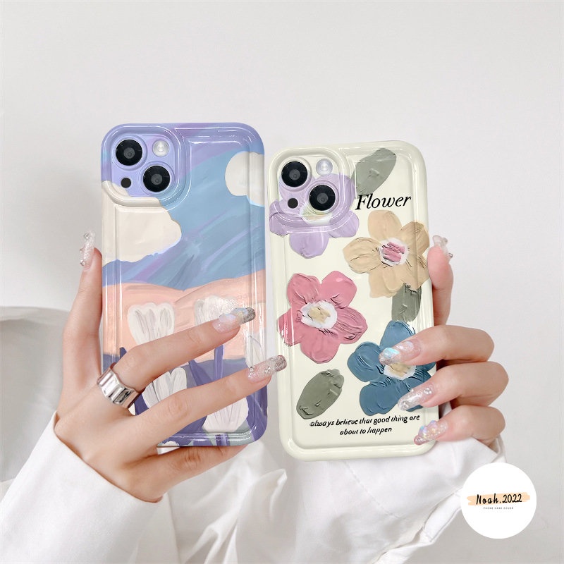 IPHONE Case Bunga Lukisan Cat Minyak Kompatibel Untuk Iphone11 14 13 12 Pro MAX X XS MAX XR 6 6S 7 8 Plus Shockproof Airbag Clear Fresh Art Flower Tulips Soft Phone Case TPU Penutup Belakang