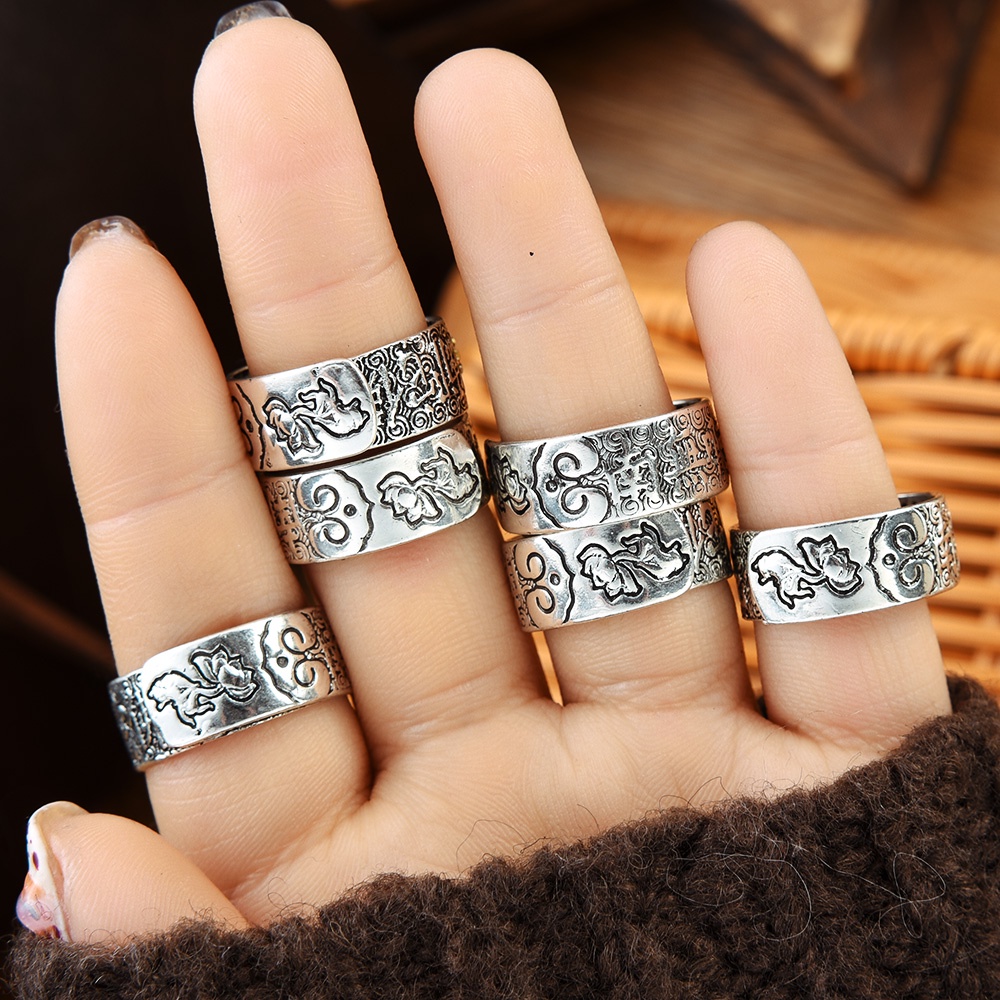 1pcs Cincin Tembaga Vintage Yang Dapat Disesuaikan Namo Amitabha Guardian Ring Antik Warna Perak Buddha Kepribadian Rings Retro Perhiasan Hadiah Untuk Wanita Dan Pria