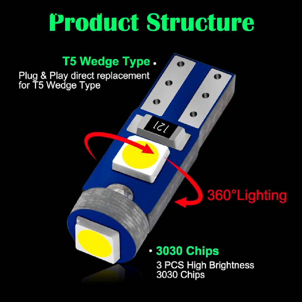 [HeavenDenotation] T5 Bohlam Led 3smd 3030w3w W1.2W Led Canbus Lampu Interior Mobil Dashboard Penghangat HDV