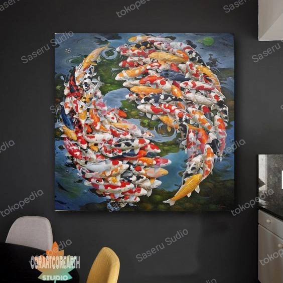 Lukisan ikan Koi 99 ekor berkualitas + bingkai siap pajang lukisan dinding kanvas minimalis modren d